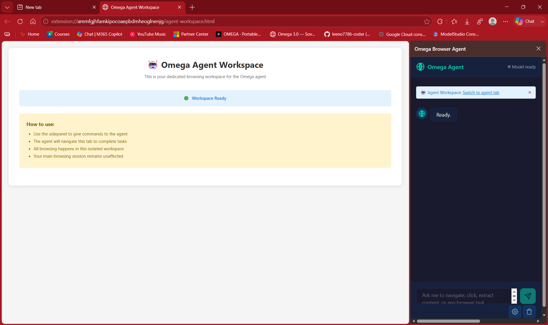 Omega 3.0 browser agent extension workspace