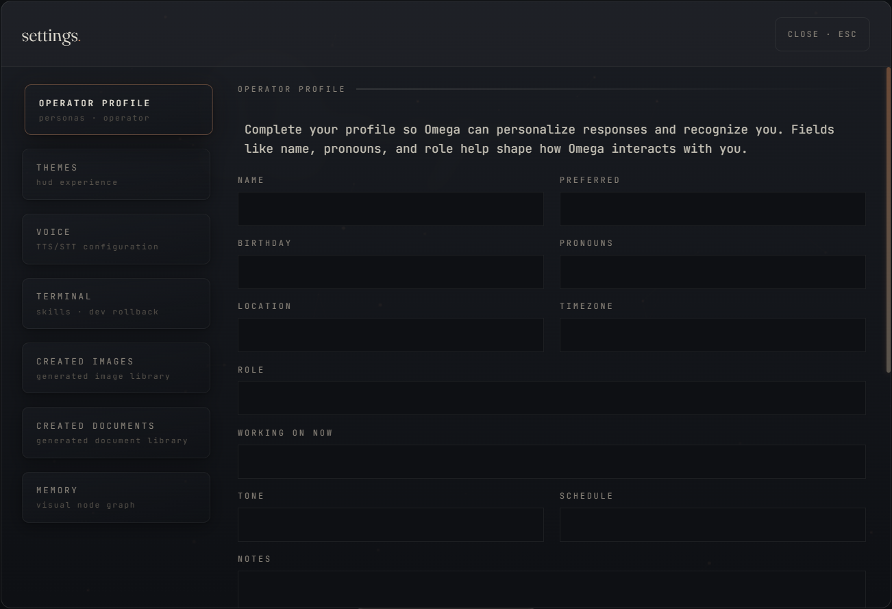 Omega 3.0 settings panel